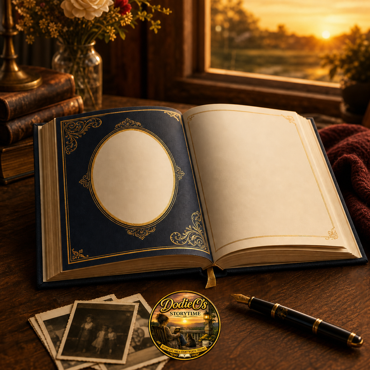 Open navy storybook with centered DodieO’s seal
